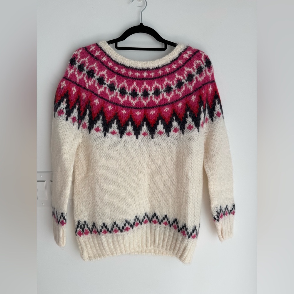 L.O.G.G. H&M Alpaca Wool Blend Sweater Women’s XS Ivory Pink‎ Fair Isle Fuzzy